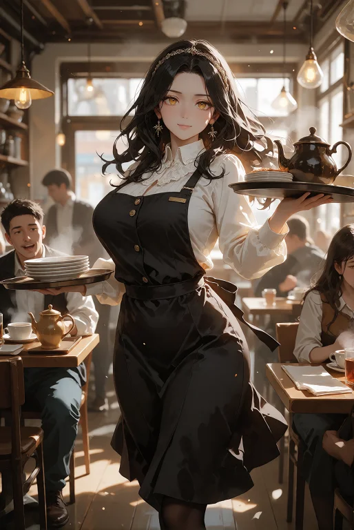 A Lively Semi-anime Scene Inside A Busy Modern Caf, A Beauti...