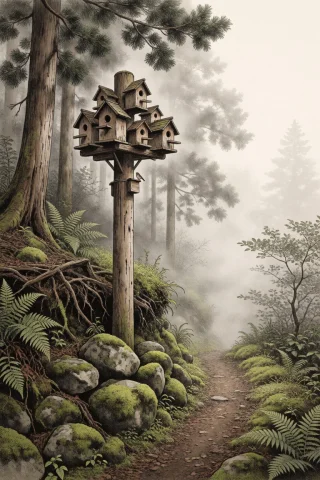 Several Small Rustic Birdhouses Built Into The Top Of A Weat... — Stable Diffusion AI Prompt: Several small rustic birdhouses built into the top of a weathered wooden pole be...