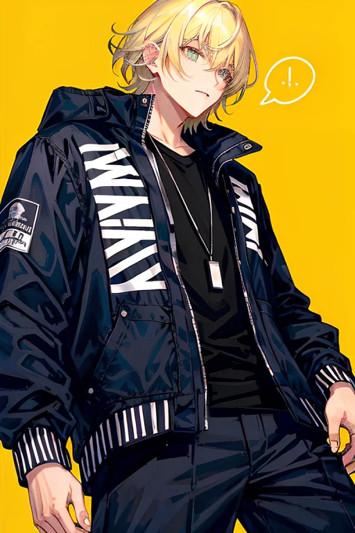 A Man With Blonde Hair Wearing A Black Jacket And Black Pant...