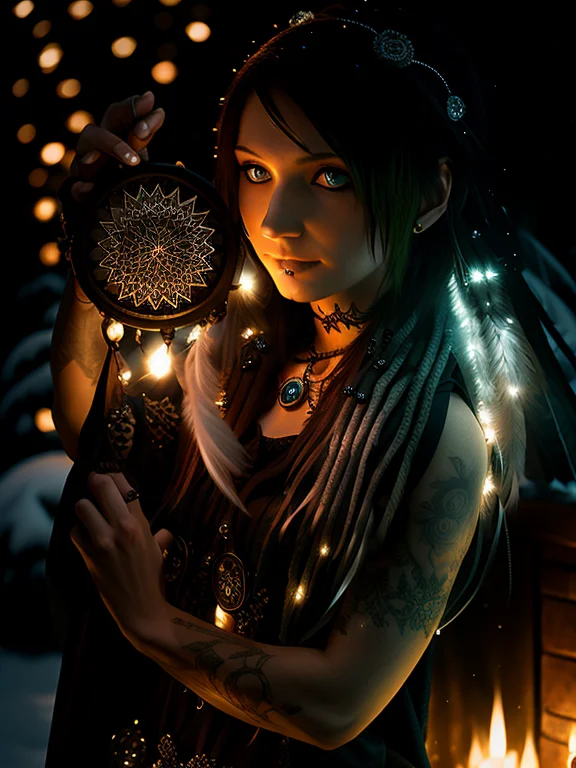 A Young Pretty Witch, Slim, Holding A Dreamcatcher, Tattooed...