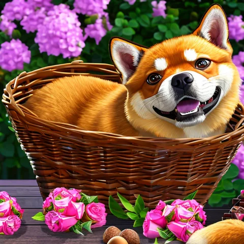 A Shiba Inu Puppy Sitting In A Basket With Roses And Chocola... — Stable Diffusion AI Prompt: a shiba inu puppy sitting in a basket with roses and chocolate eggs gta768