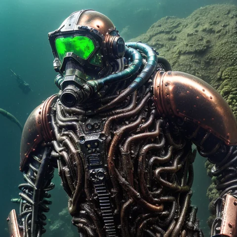 Hypernetdr0ne11 1982 Cold War Technology Russian Male Army D... — Stable Diffusion AI Prompt: 1982 cold war technology russian male army deep diver in an ocean abyss wearing...