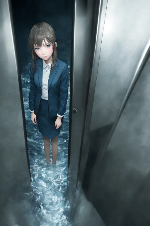 Girl Standing In An Elevator With Water Flooding Into It, Fr...