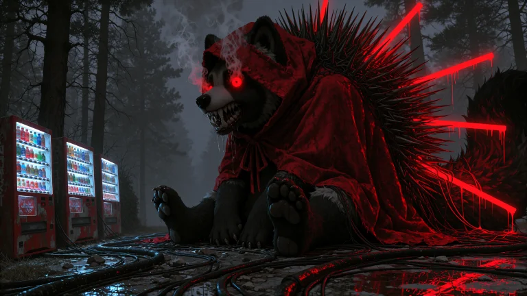 A Gigantic Monstrous Tanuki Sitting Beside An Abandoned Shri...