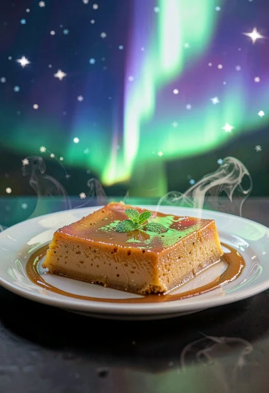 A Slab Of Caramel Flan Glistening On A Dish, Aurora Glow, Mo...