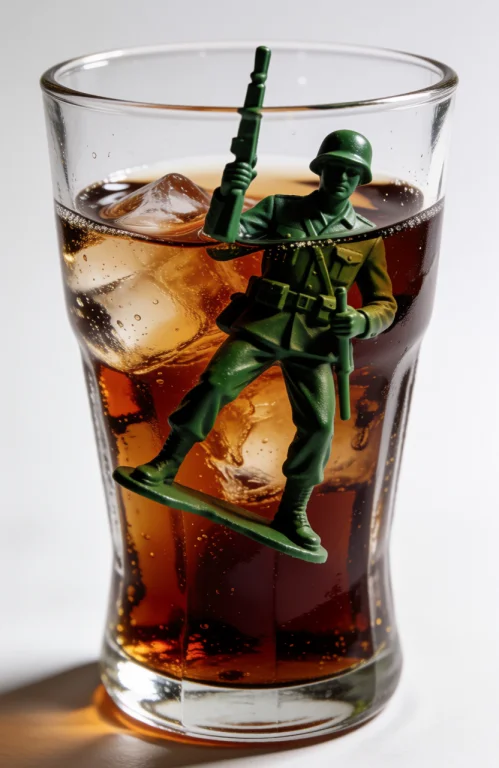 A Green Toy Soldier Is Floating In Cocacola Inside A Transpa...