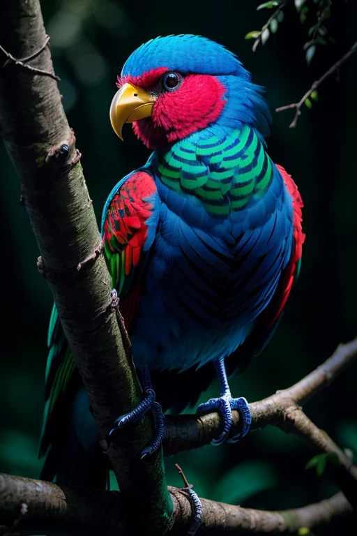 Colorful Bird Sitting On A Branch, Dark Mysterious Forest, D...