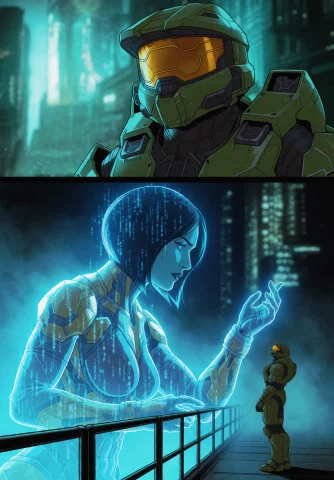 Master Chief From Halo In His Green Mjolnir Armor, Moody Tea... — Stable Diffusion AI Prompt: Master Chief from Halo in his green MJOLNIR armor, Moody teal lighting, blurred...