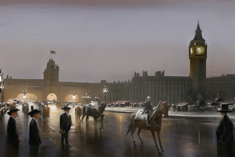 A Painting Of A Clock Tower In A City At Night Time With Peo...