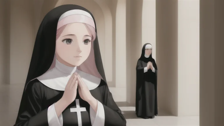 1girl,black Nun Outfit, Praying, Pink Hair,