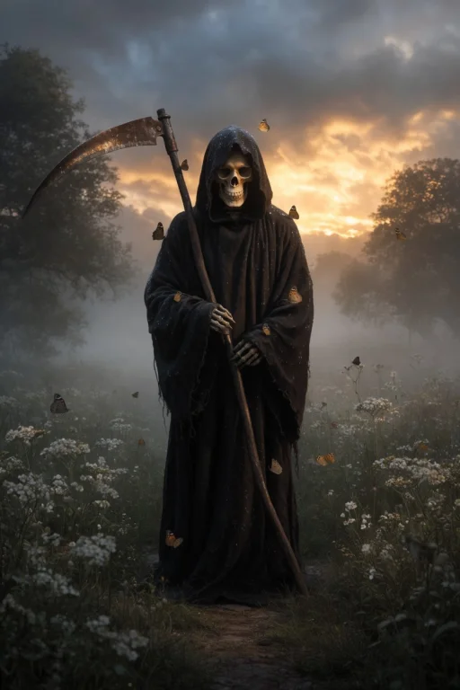 A Solitary Grim Reaper Stands Quietly In The Middle Of An An...