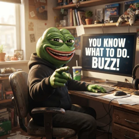 17 Yellow Buzz Pls Pepe The Frog Sitting At A Desk, Smirk, L... — Stable Diffusion AI Prompt: 17 yellow buzz pls? "Pepe the Frog sitting at a desk, smirk, looking directly at...