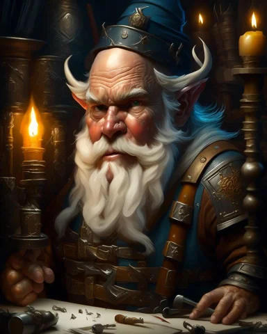 Dungeons Dragons Style, Male Gnome Named Fibblestib, Crazy... — Stable Diffusion AI Prompt: Dungeons & Dragons style, Male Gnome named Fibblestib, crazy inventor at his wor...