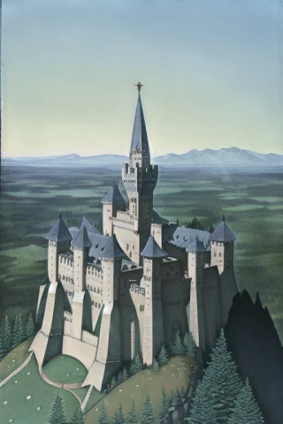 Medieval Castle Standing On A Mountain Peak, Glass, Metal, T... — Stable Diffusion AI Prompt: medieval castle standing on a mountain peak, glass, metal, tiltshift, intricate,...