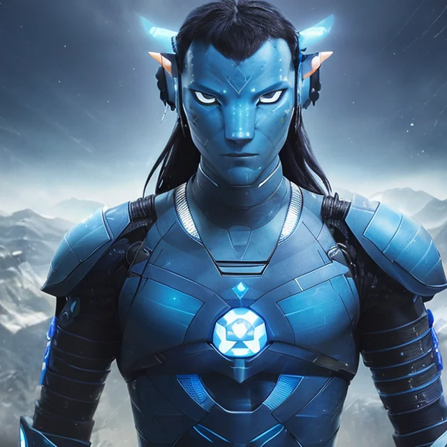 Blue Avatar And Cyborg Robot, Front View, Is Looking At The...