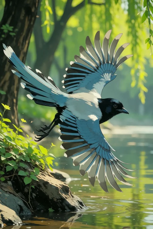 Nature, An Azure-winged Magpie Racing Along A River Terrace...
