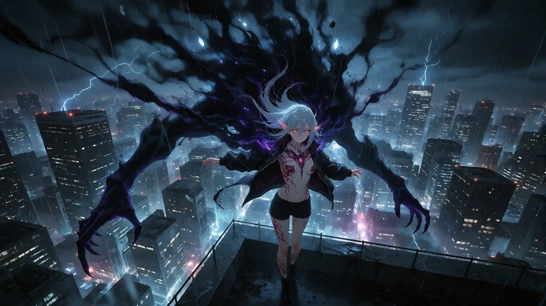 A Dramatic Wide Semi-anime Scene On A High City Rooftop At N...