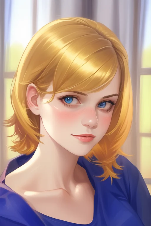 A Portrait Of A Blonde Girl Wearing A Blue Shirt