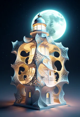 Gyroid, Lattice Structure, White Theme, Lighthouse Made Out... — SDXL AI Prompt: gyroid, lattice structure, White theme, (lighthouse made out of lattice structur...