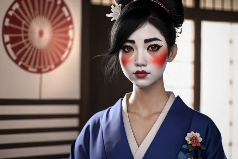 A 3d Render Of A A Young Asian Geisha With White Face Paint,...