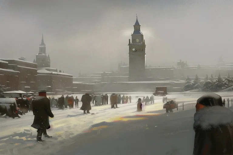 A Painting Of People Walking In The Snow In Front Of A Build...