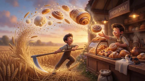 Whimsical Surrealist Illustration With Warm Golden-hour Pale... — Stable Diffusion AI Prompt: Whimsical surrealist illustration with warm golden-hour palette, 16:9 panoramic...
