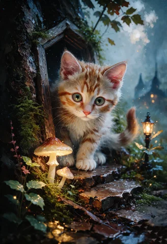 A Tiny Ginger Kitten Has Discovered A Miniature Door Hidden... — Stable Diffusion AI Prompt: A tiny ginger kitten has discovered a miniature door hidden inside the roots of...