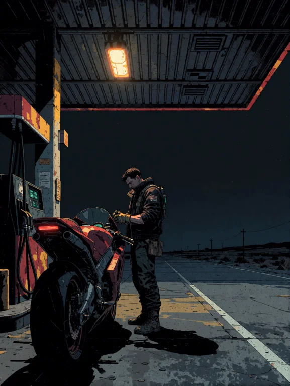 A Solitary Male Mechanic Standing Beside A Futuristic Motorc...