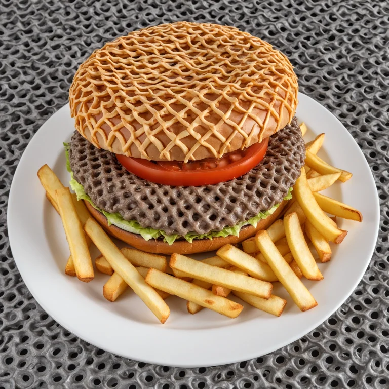 Gyroid Burger Served With Fries On A Dish. Gyroid Lattice. L...