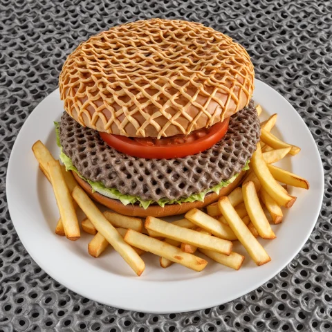 Gyroid Burger Served With Fries On A Dish. Gyroid Lattice. L... — SDXL AI Prompt: gyroid burger served with fries on a dish. gyroid lattice. 