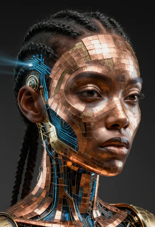 A Wide-angle Image Of An Ebony Black Womans Face Rendered In...