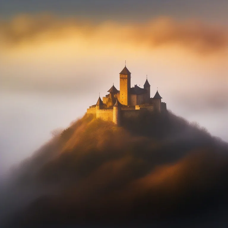 A Hilltop Castle Wreathed In Low Cloud, Impasto Texture, Fog...