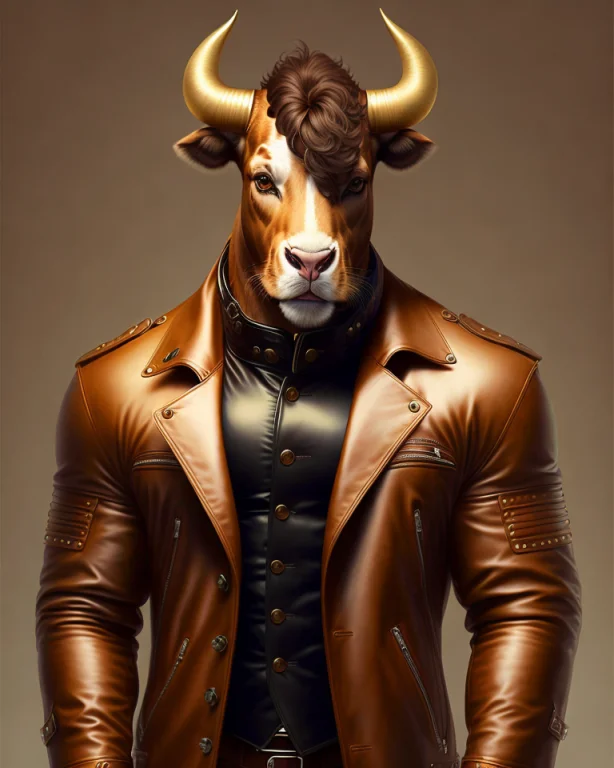 Anthropomorphic Stylish Bull Wearing A Human Leather Coat Fa...
