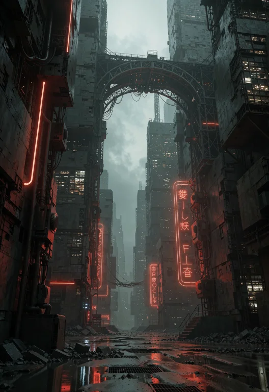 This Is A Dystopian Cityscape At Night. The Image Is Dominat...