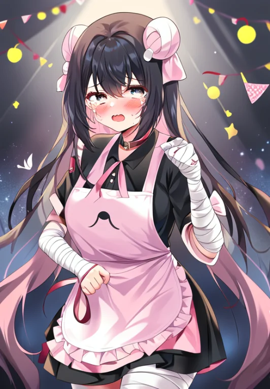 Crying, 1girl, Apron, Bandaged Arm, Bandages, Black Hair, By...