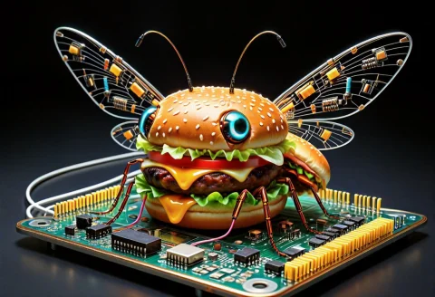 A Whimsical Digital Insect Constructed Entirely From Tiny Tr... — SDXL AI Prompt: A whimsical digital insect constructed entirely from tiny transistors sits uprig...