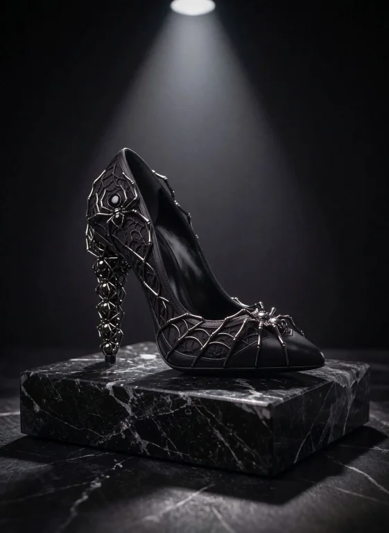 A Single Black Spider Queen High Heel Shoe Displayed On A Po...