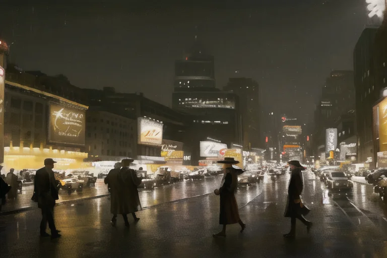 A City Street At Night With People Walking On The Sidewalk A...