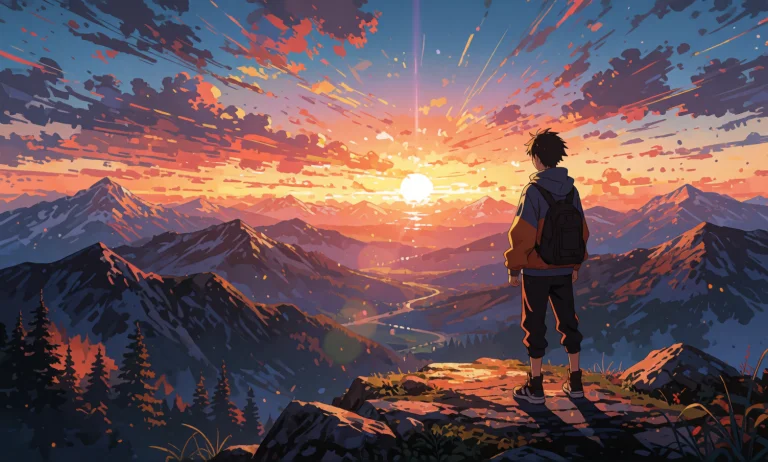 Epic Dynamic Sunset Mountain Scenery, Adult Boy In Foregroun...