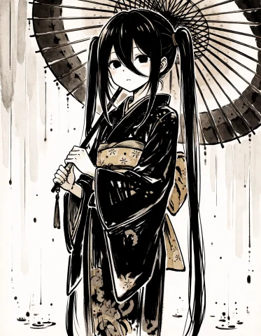 Sumiink, 1girl, Kuro, Black Hair, Long Hair, Twintails, Blac... — Stable Diffusion AI Prompt: SumiInk, 1girl, kuro, black hair, long hair, twintails, black eyes, kimono, oil-...