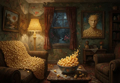The Mac And Cheese Intrusion A Homely, Cozy Living Room Wher... — Stable Diffusion AI Prompt: The Mac and Cheese Intrusion A homely, cozy living room where every yellowish su...
