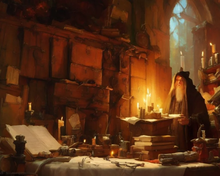 A Painting Of A Wizards Study, Large Wizards Tome Open On A...