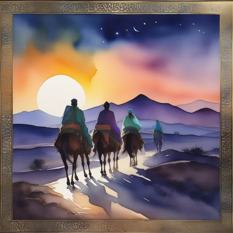 A Caravan Crossing The Silk Road At Dusk, Watercolor Paintin...