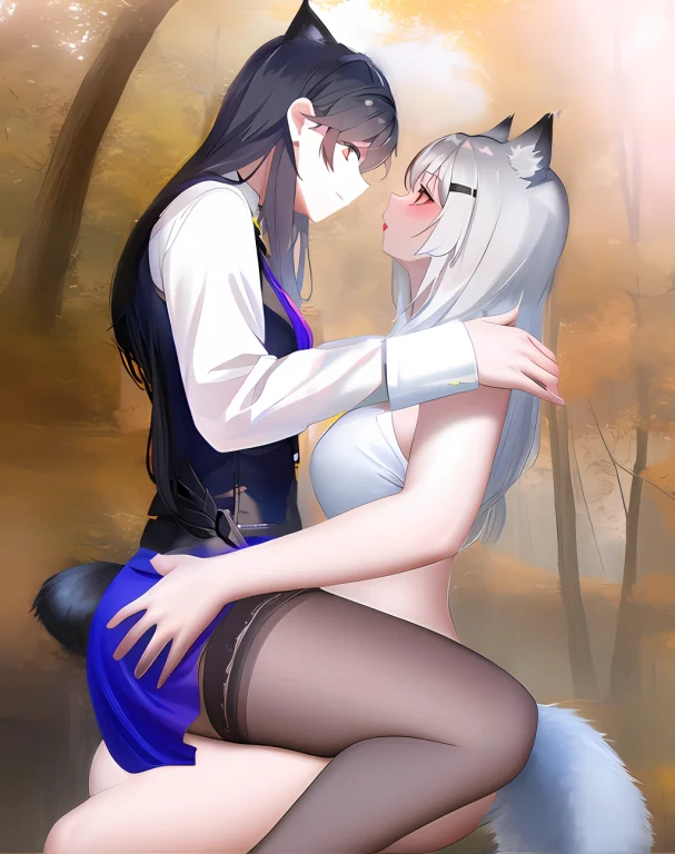 2girls, 2wolfgirls, Sits In Water, Waterfall, Rock, Modelsho...