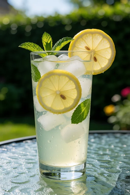 A Photograph Of A Tall Glass Of Iced Lemonade On A Garden Ta...
