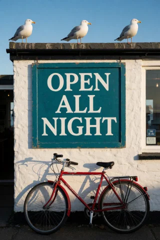 A Photograph Of A Hand-painted Wooden Sign Hanging Outside A... — Stable Diffusion AI Prompt: A photograph of a hand-painted wooden sign hanging outside a seaside café that r...