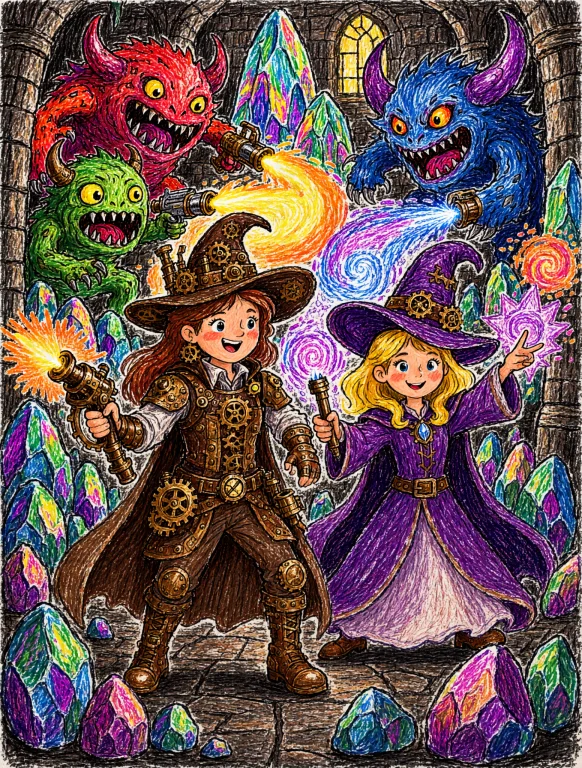 A Childish Crayon Drawing Steampunk Alchemist, And Mage Woma...