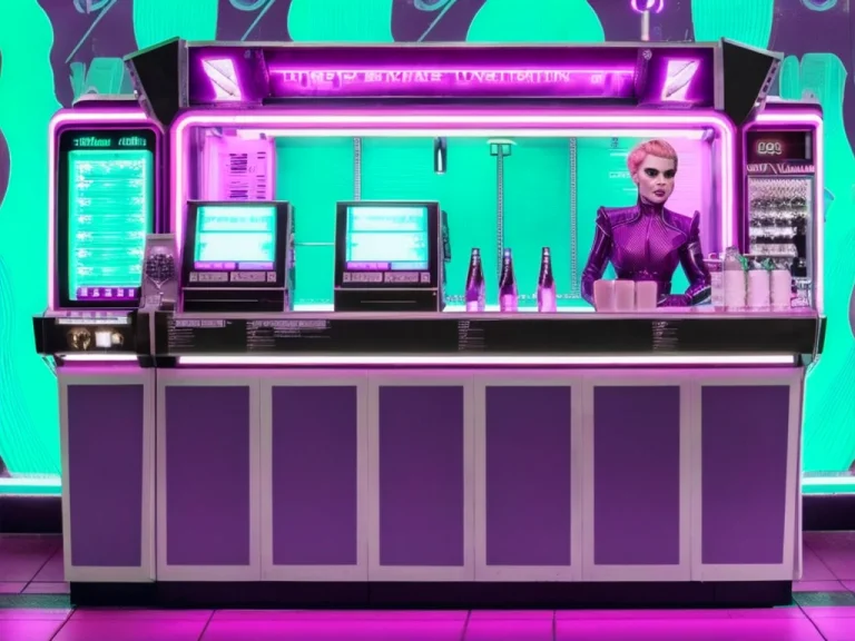 Hot Cyberpunk Woman At Ice Cream Kiosk Close-up Photo Portra...