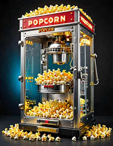 A Vintage Cinema Popcorn Maker Machine Entirely Constructed... — SDXL AI Prompt: A vintage cinema popcorn maker machine entirely constructed from (dense circuitr...