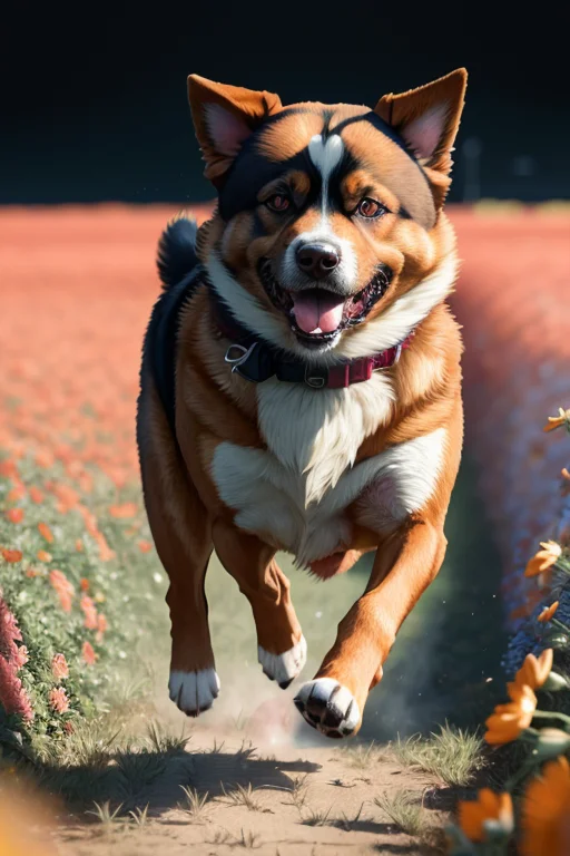 Anime Dog Running Through A Field Of Flowers, Photorealistic...
